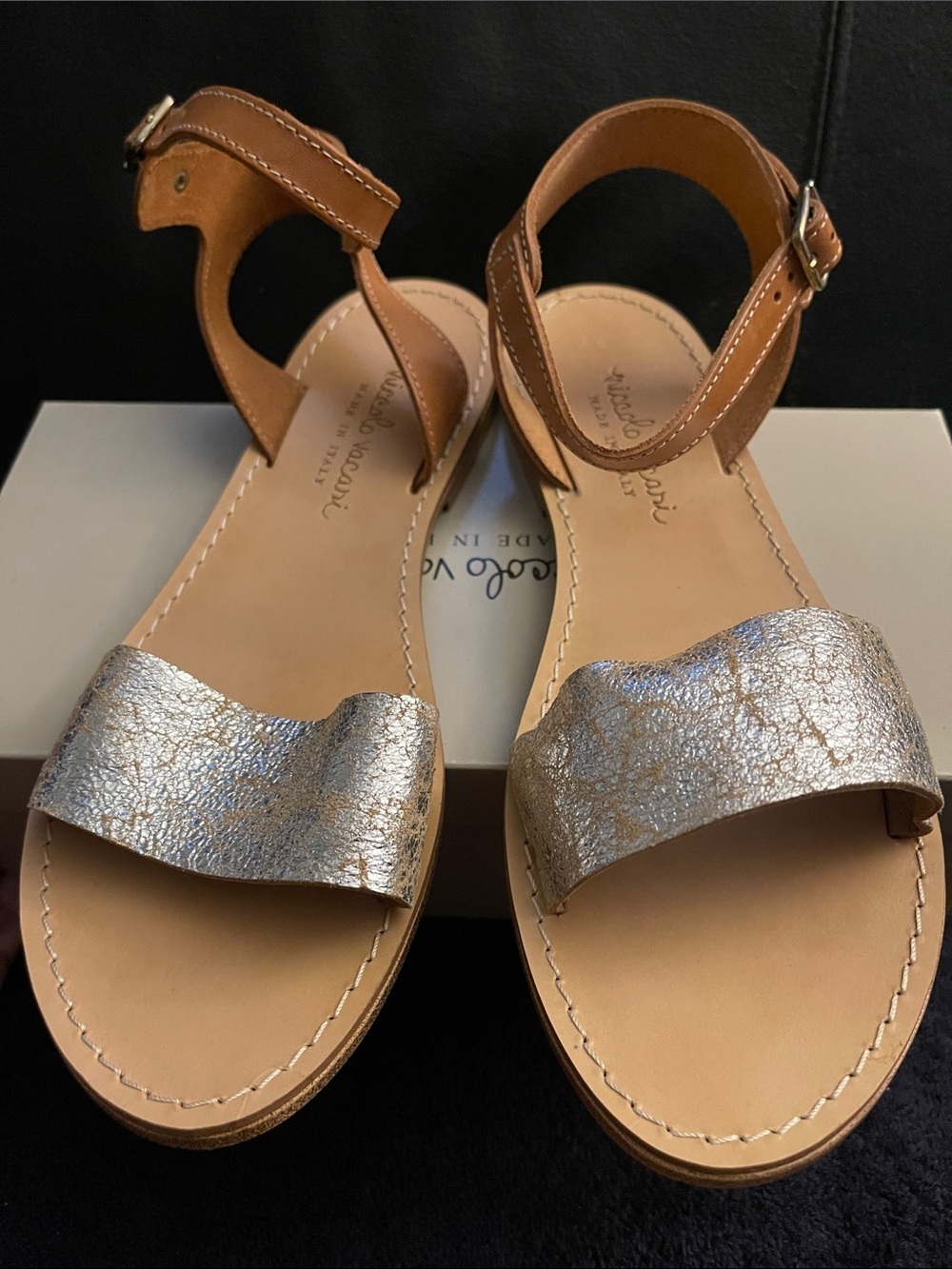 Niccolo Vacari Women’s Silver/Tan Crackd Leather Ankl Strap Sandals Sz 9 1/2 NWB